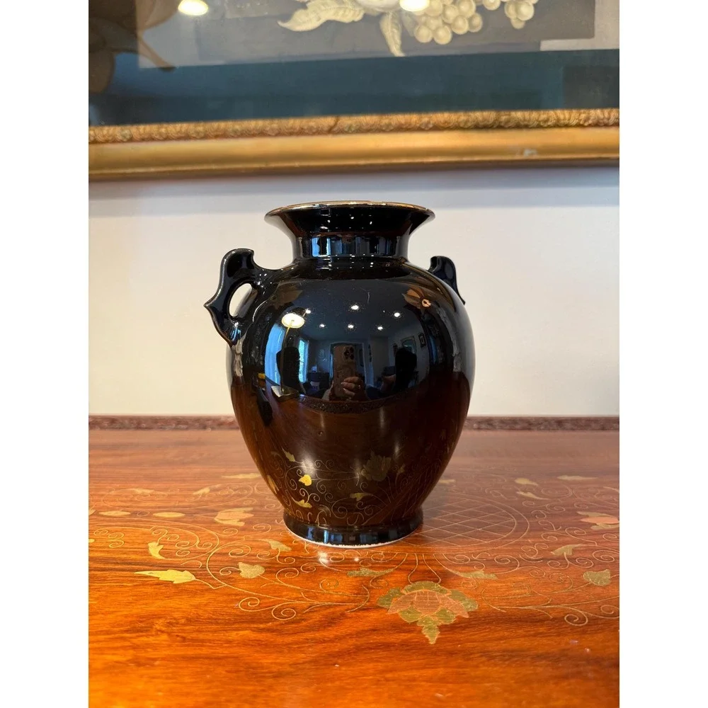 Vintage Japanese Black Ceramic Vase Hummingbird & Red‎ Blossom Motif